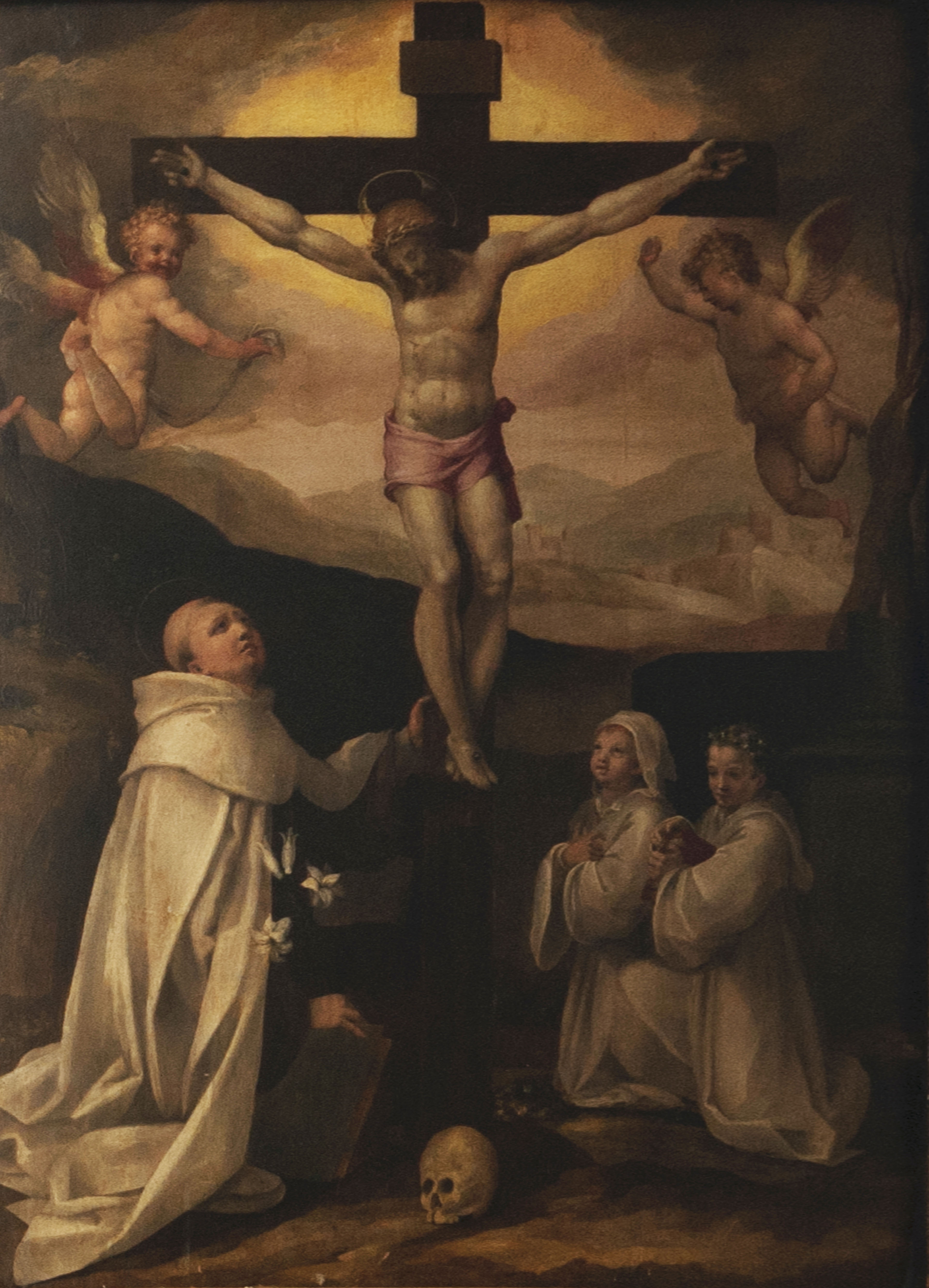 Pittore fiorentino della cerchia vasariana, Crocifissione con un santo carmelitano e due fanciulli; sec. XVI, ultimo quarto.