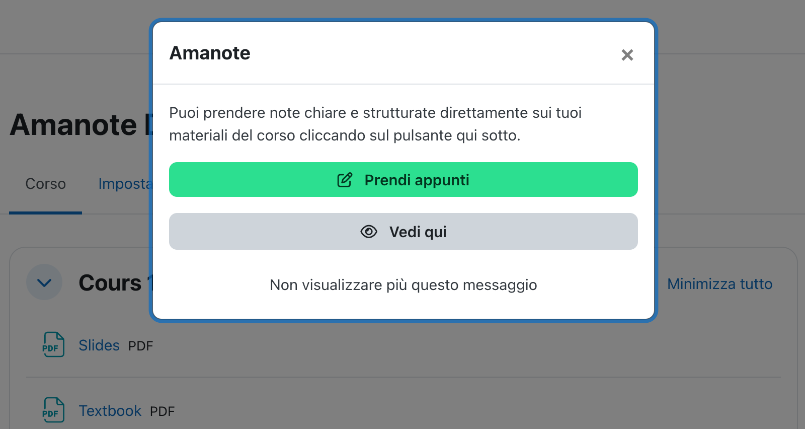 Finestra pop-up Amanote Moodle