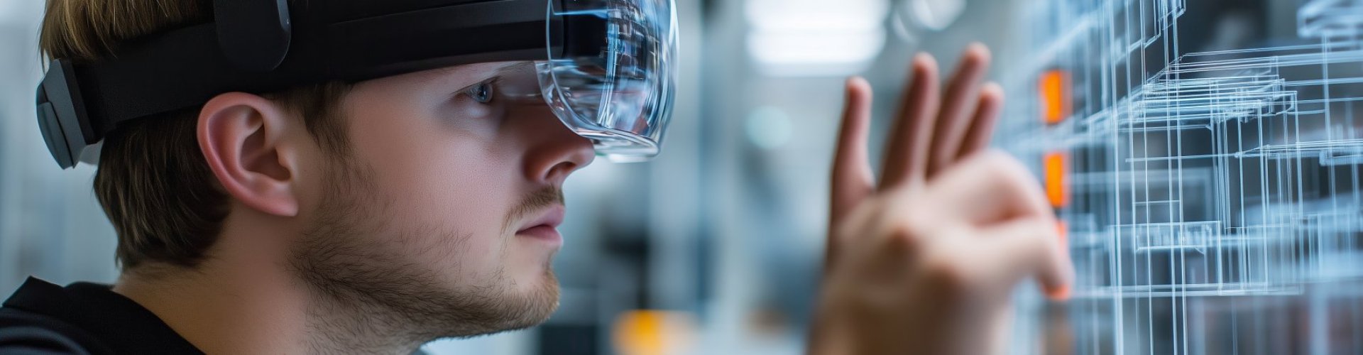 young man uses augmented reality headset interact with digital models modern workspace