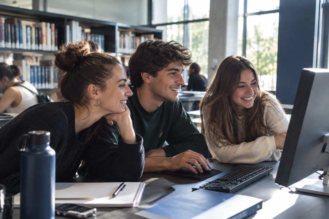 studenti che guardano un computer con la faccia felice